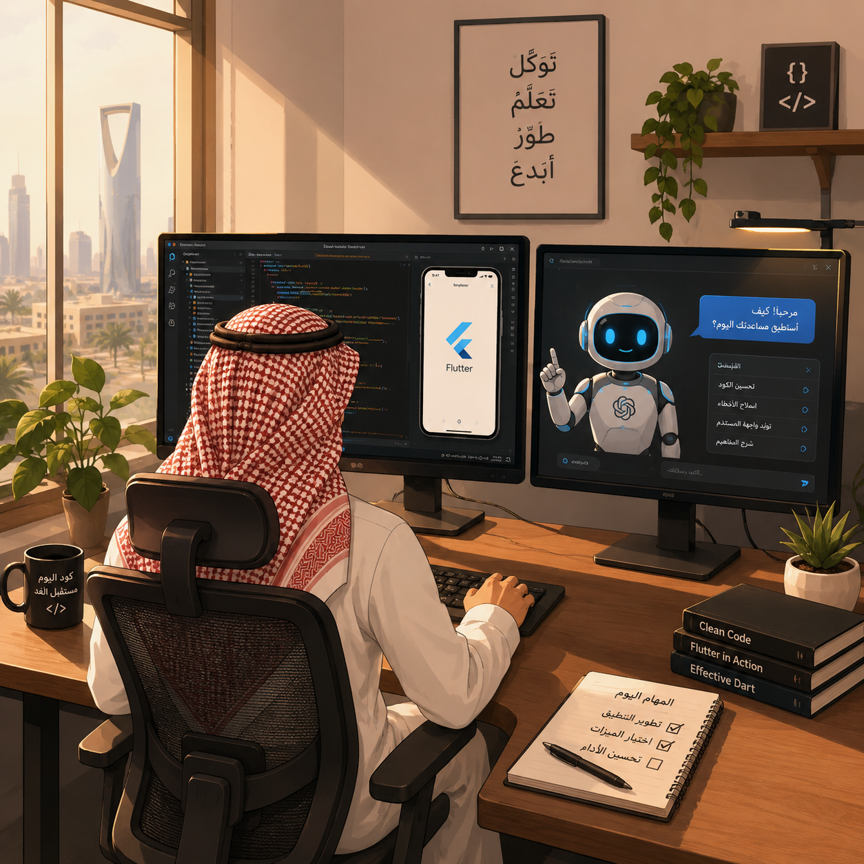Nawaf at his desk building a Flutter app with an AI assistant
